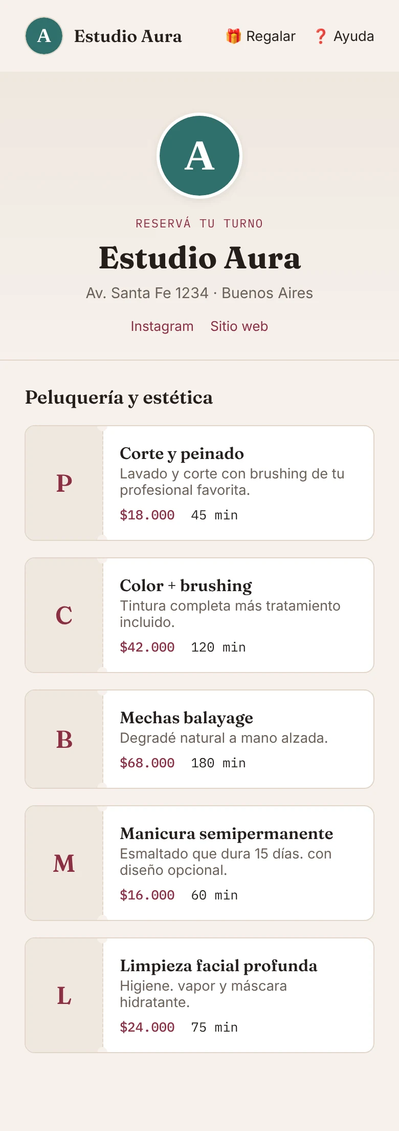 Página de reservas online de un local, vista en el celular